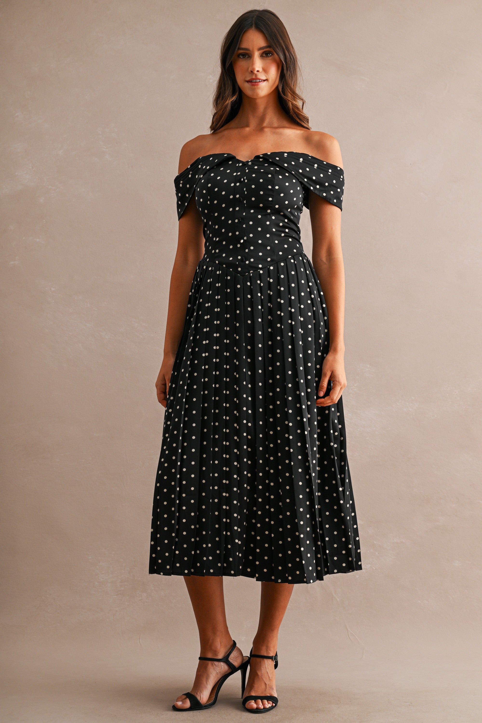 Maeve Polka Dot Midi Dress - Black
