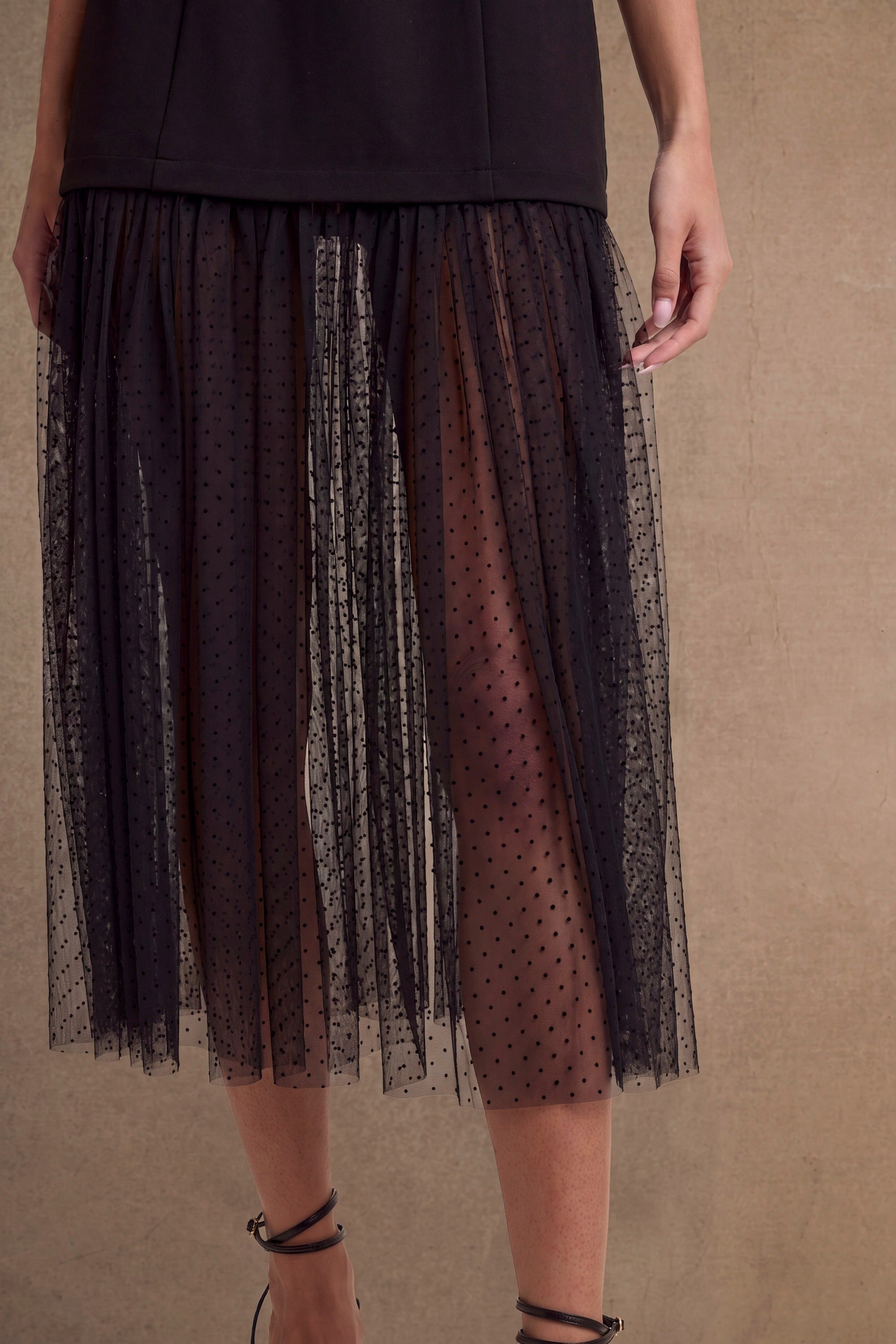 Dotted Mesh Midi Dress - Black