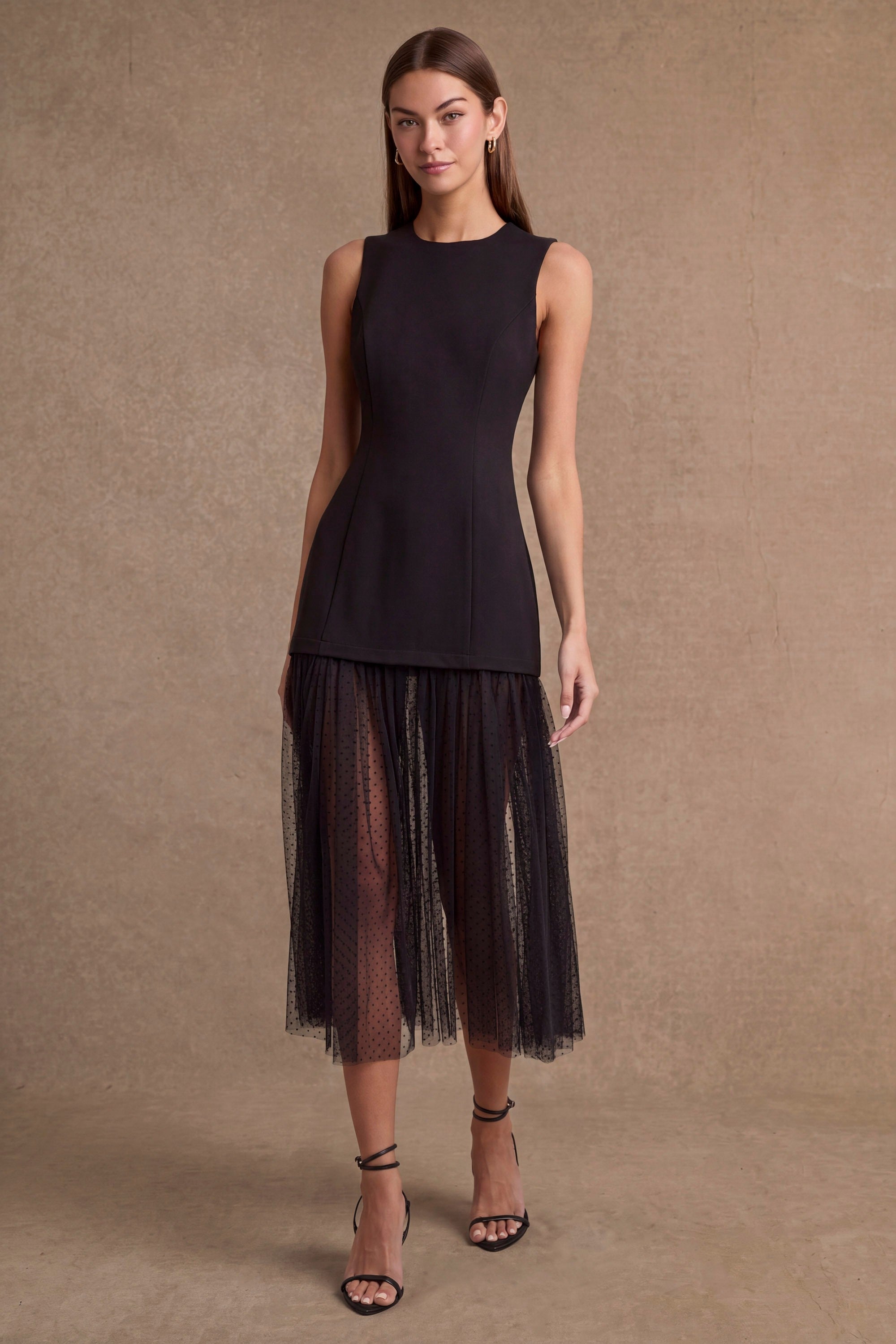 Dotted Mesh Midi Dress - Black