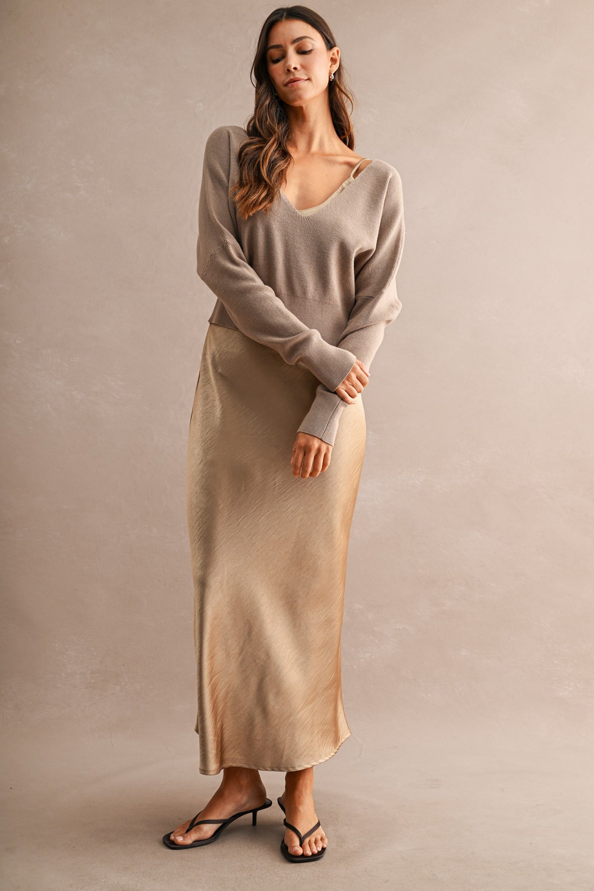 V Neck Sweater Top And Satin Midi Dress Set