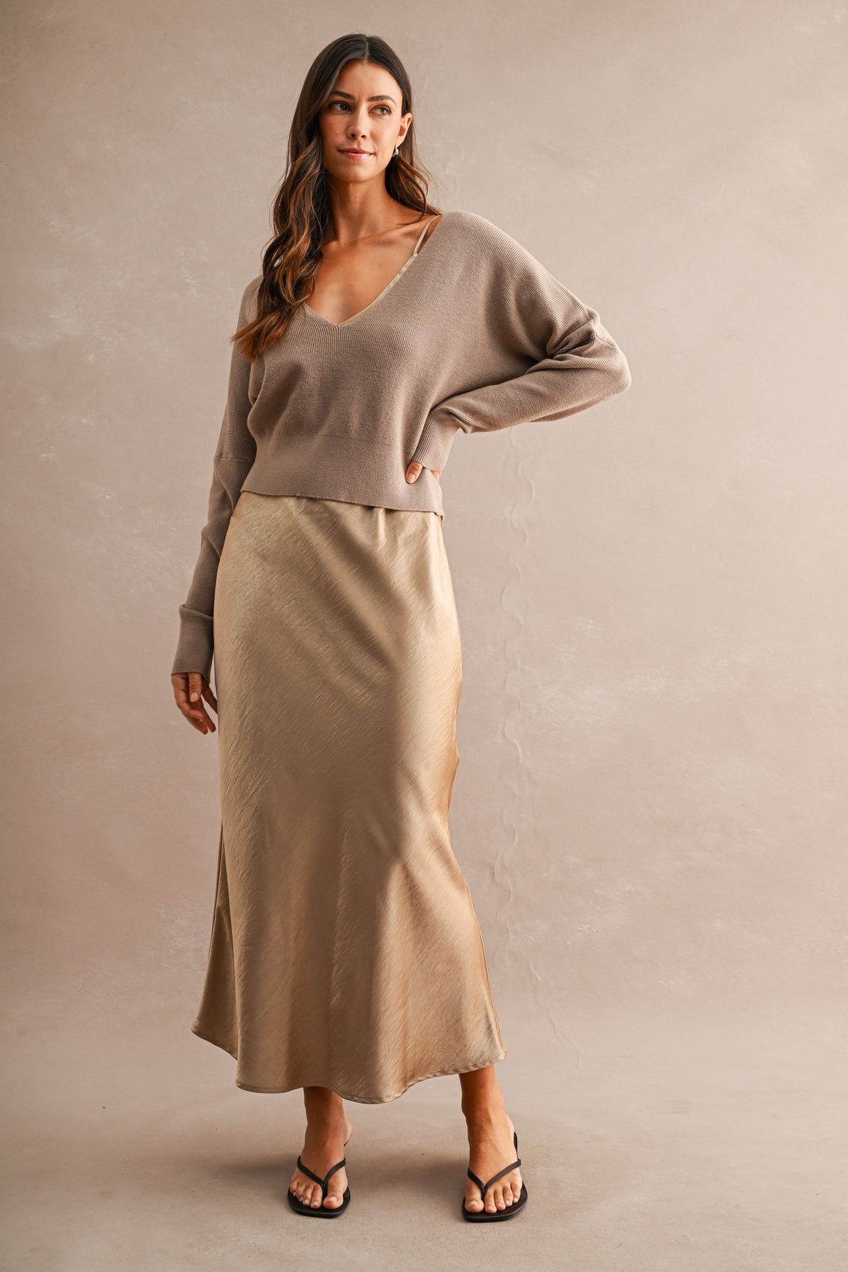 V Neck Sweater Top And Satin Midi Dress Set