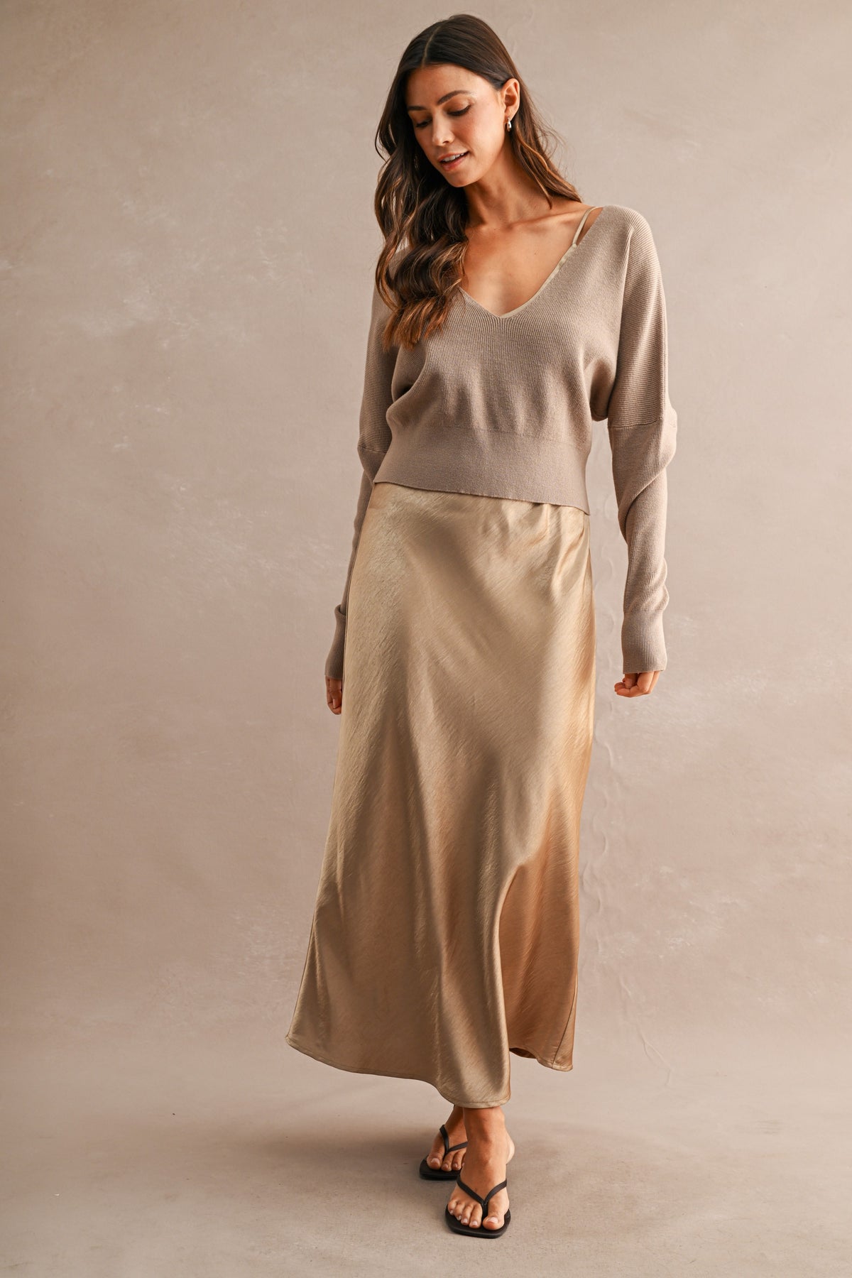 V Neck Sweater Top And Satin Midi Dress Set
