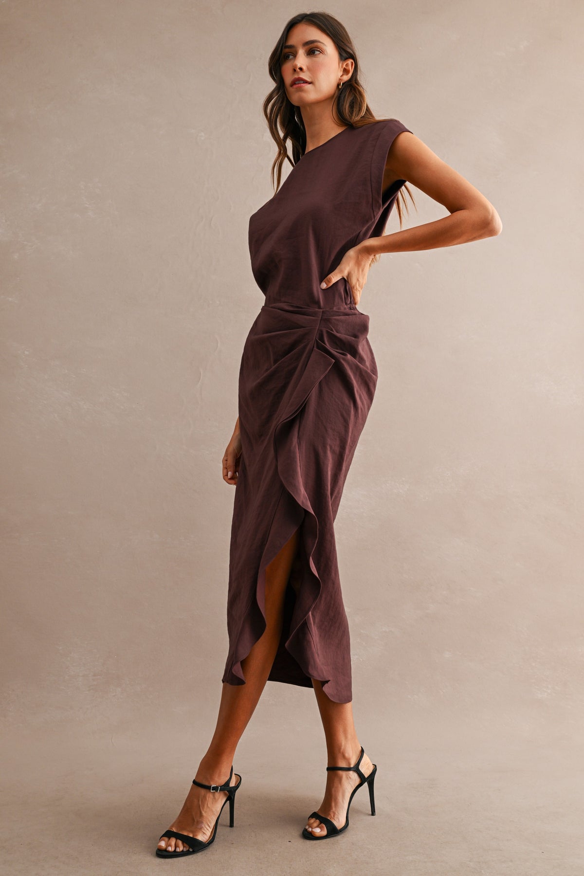 Ruffled Midi Dress - Wine