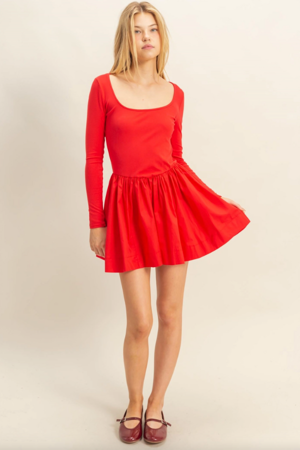 Mixed Media Scoop Neck Mini Dress - Red