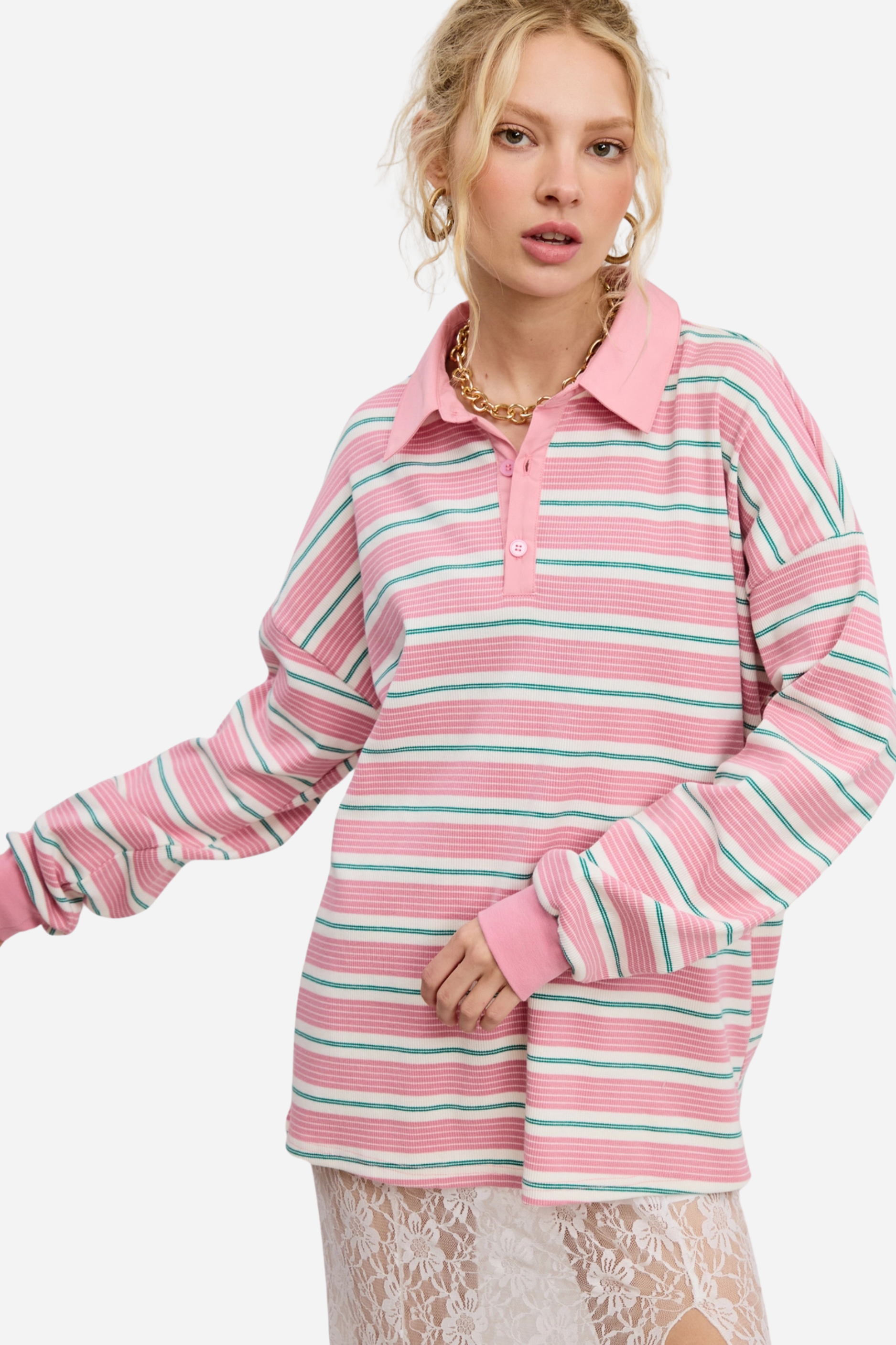 Stripe Oversized Polo Shirt - Pink