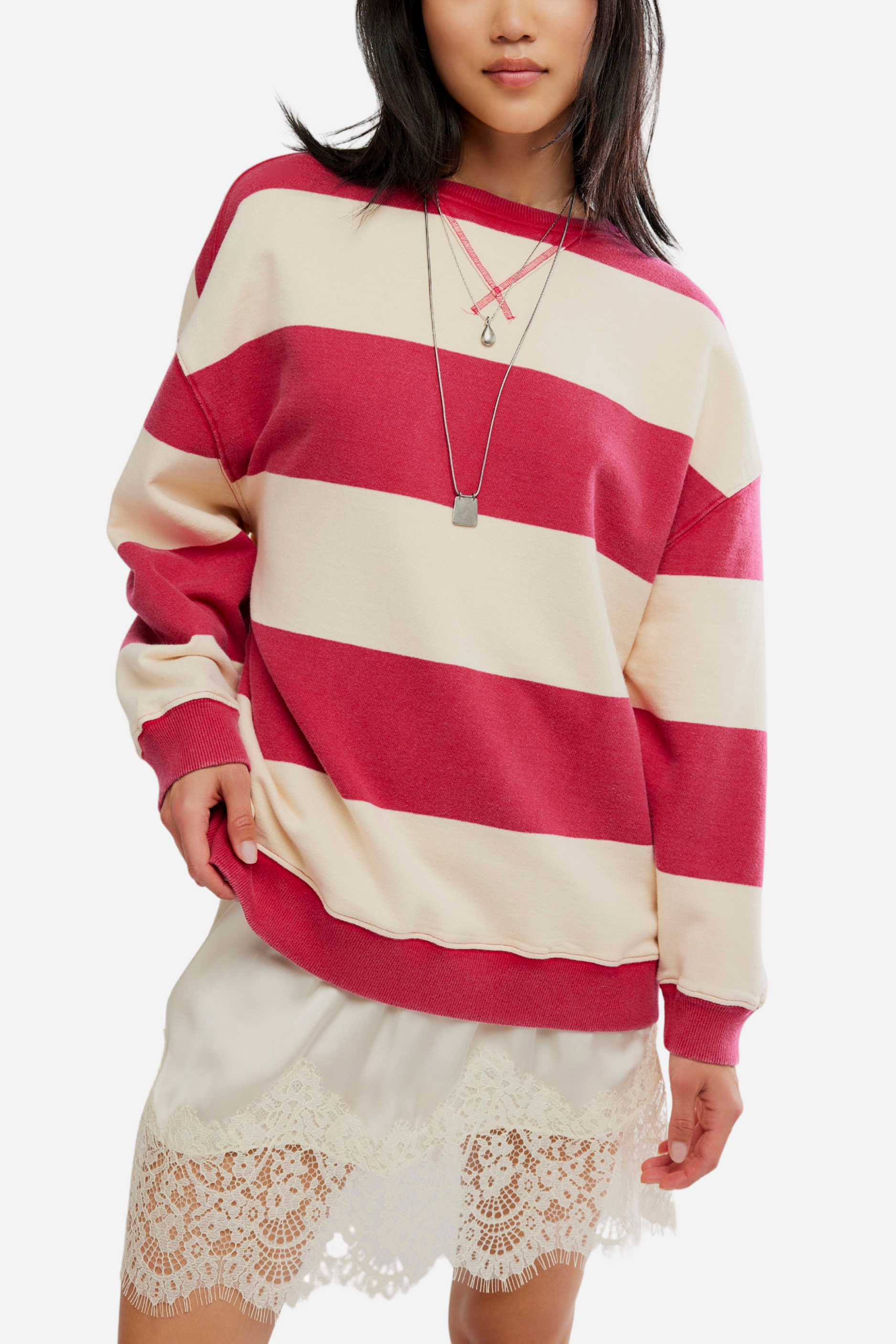 Free People - Classic Striped Oversized Crewneck - Cherry Combo
