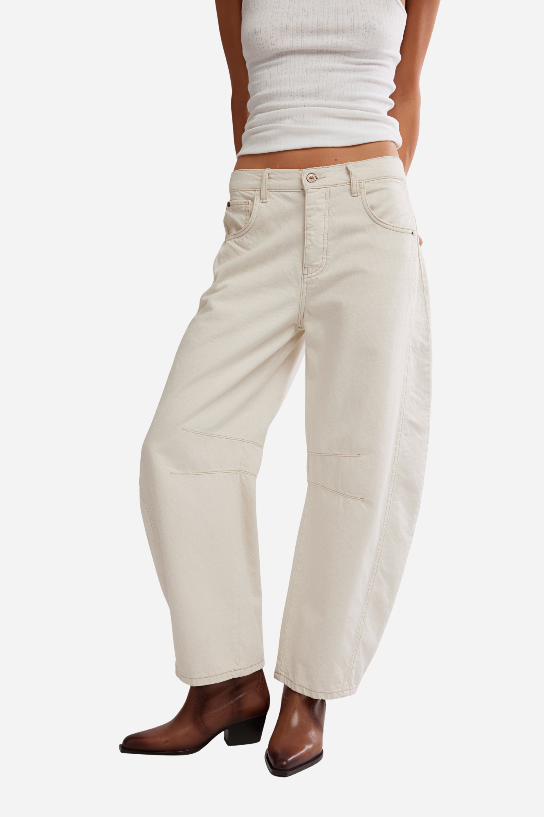 Free People Good Luck Mid Rise Barrel Jeans - Milk