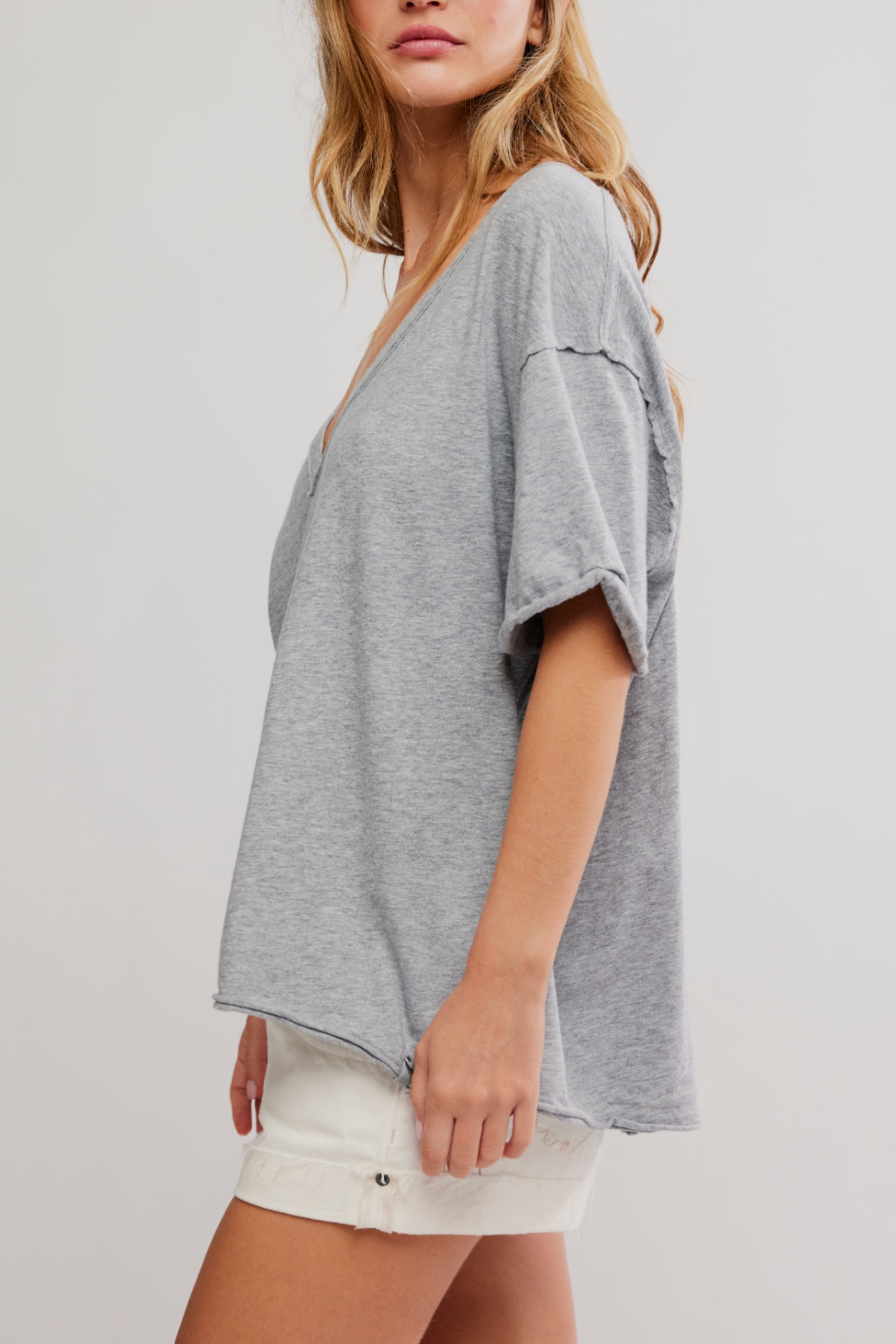 Free People Nina V Neck Tee - Heather Grey