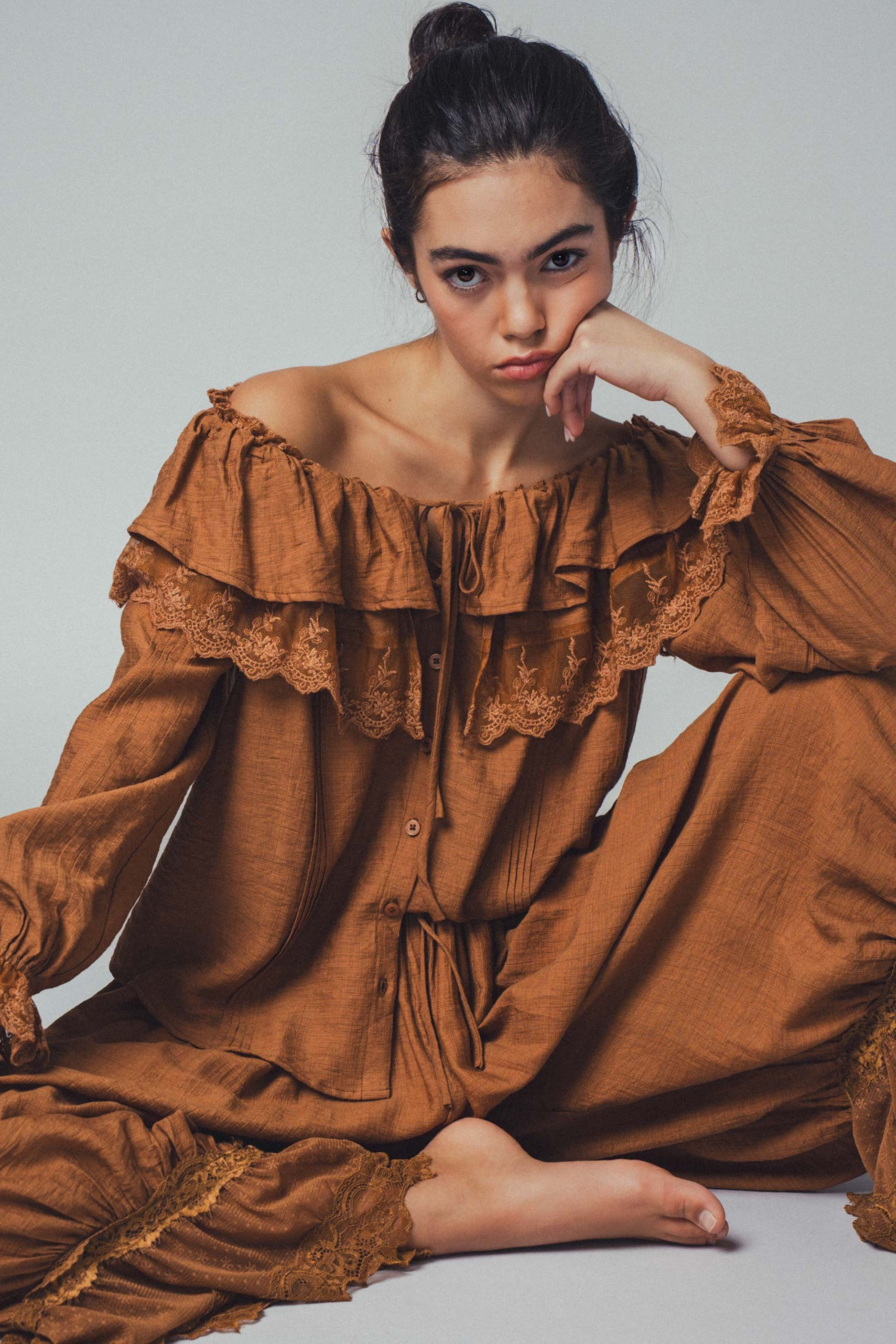 Lace Ruffled Blouse - Brown