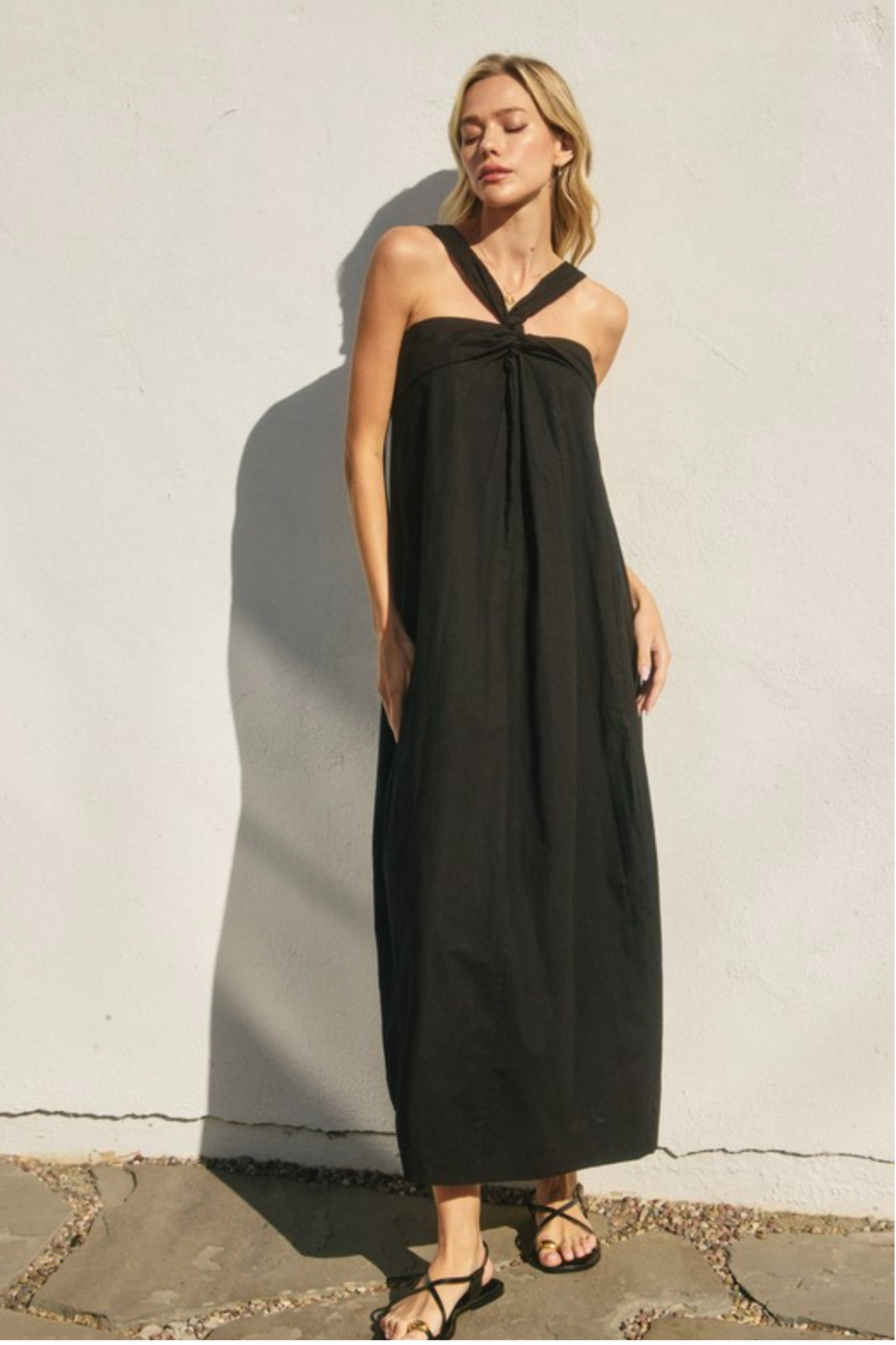 Cotton Halter Neck Maxi Dress - Black