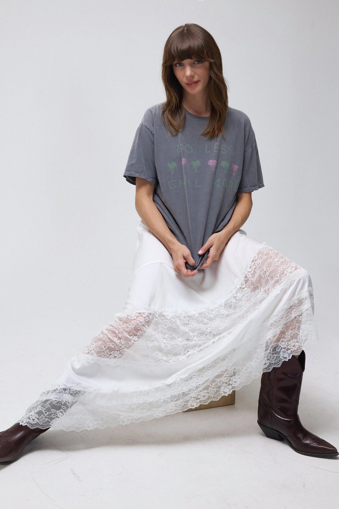 Asymmetrical Lace Satin Midi Skirt