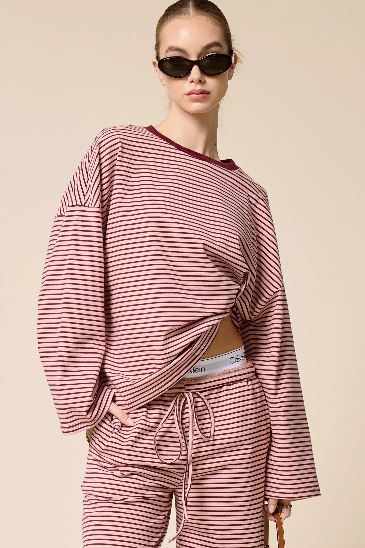 Striped Oversized Long Sleeve Top - Berry