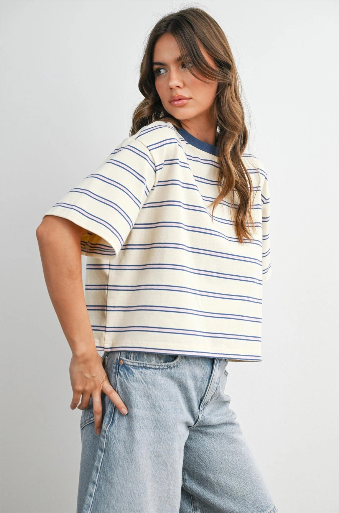 Striped Boxy Cropped Tee - Ivory/Blue