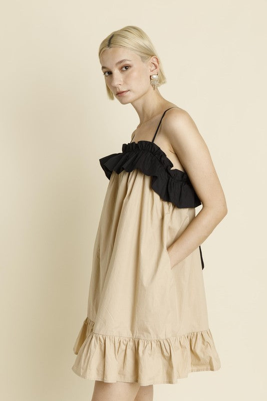 Color Block Ruffle Mini Dress - Tan