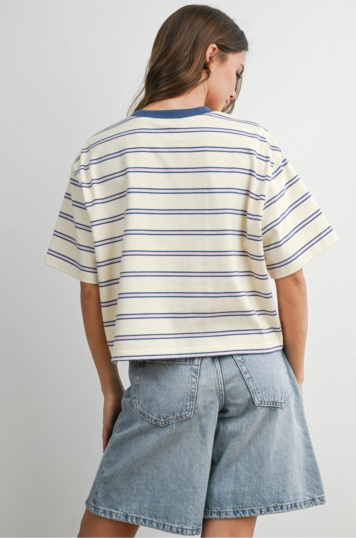 Striped Boxy Cropped Tee - Ivory/Blue