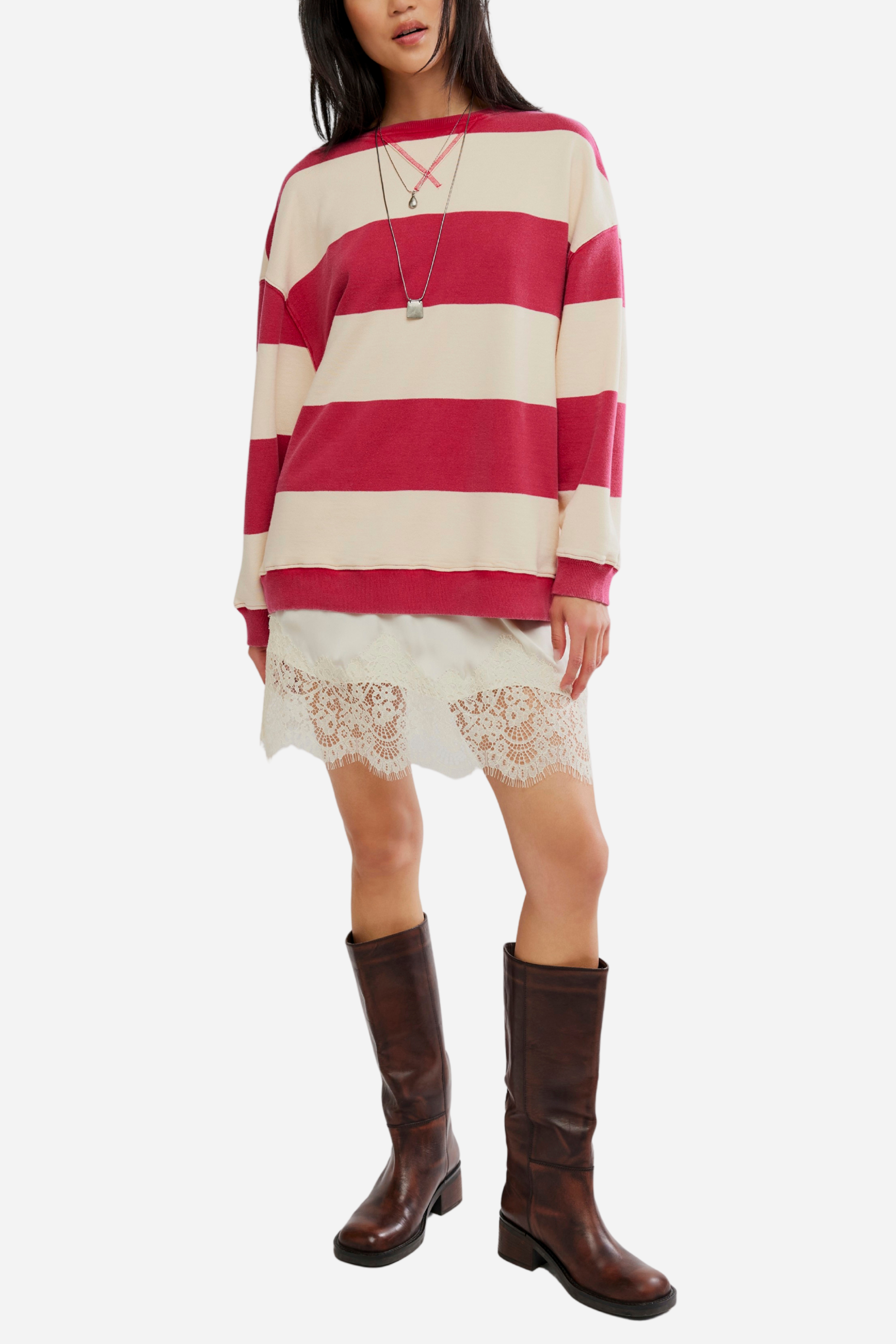 Free People - Classic Striped Oversized Crewneck - Cherry Combo