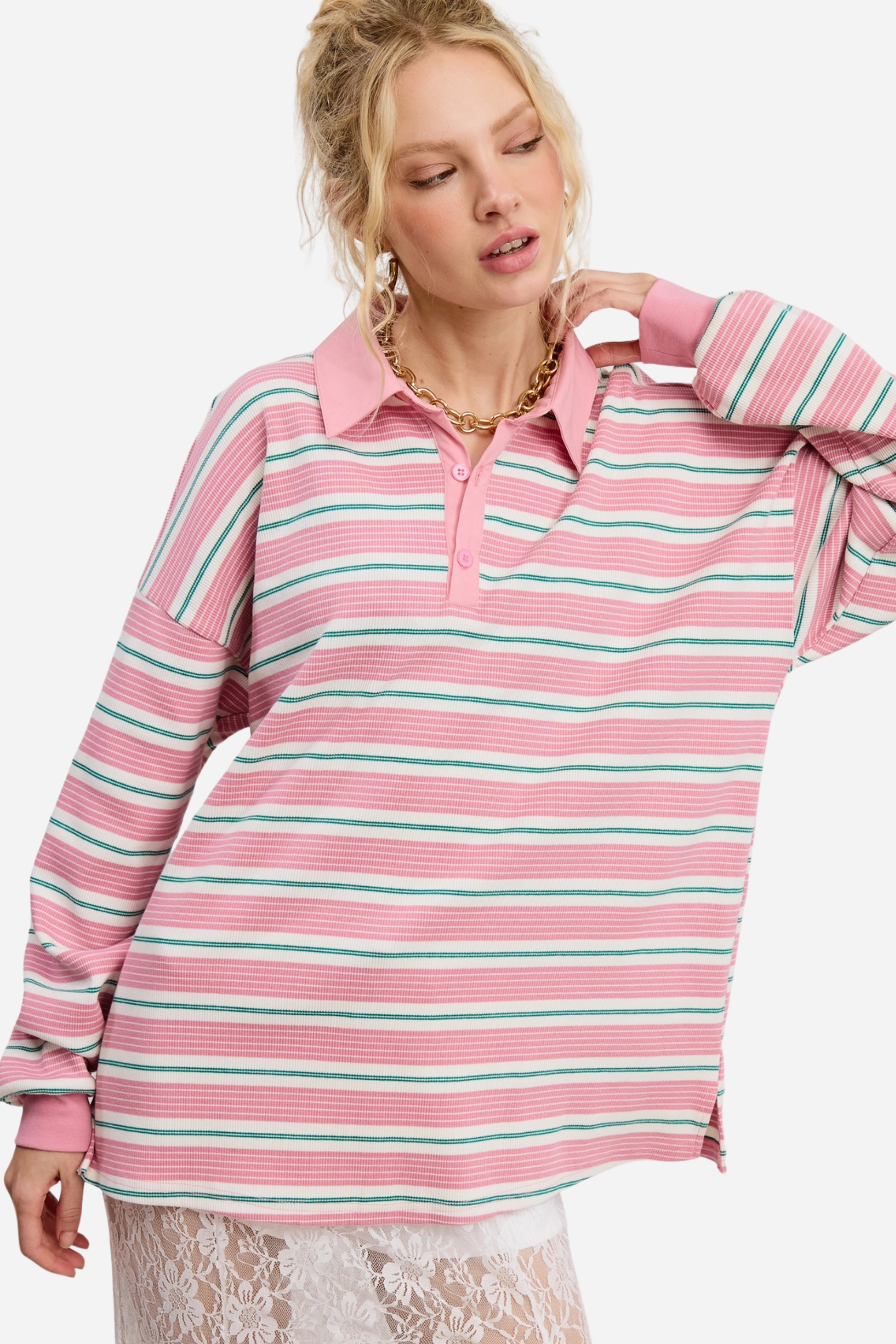 Stripe Oversized Polo Shirt - Pink