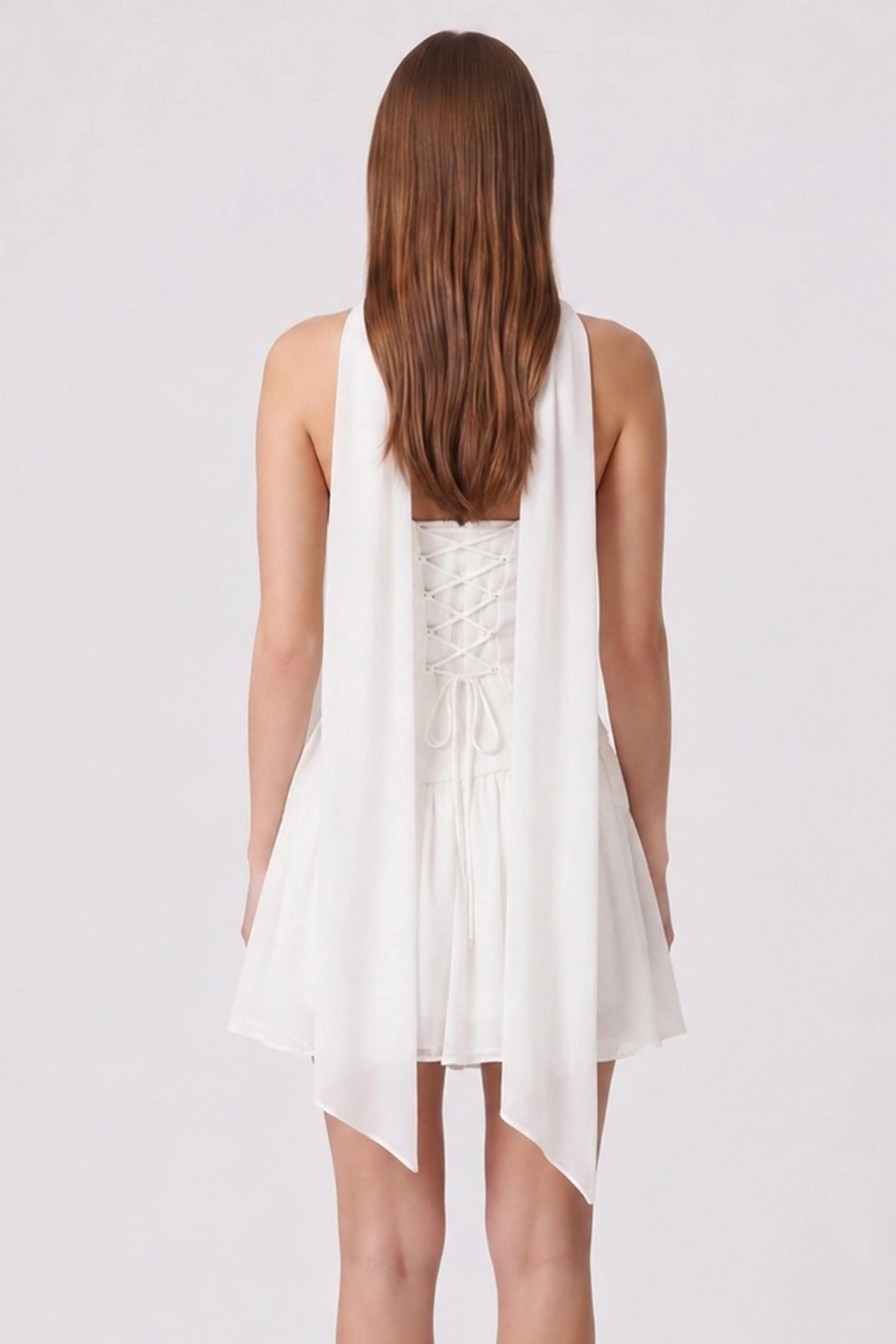 Asymmetrical Lace Up Mini Dress - White