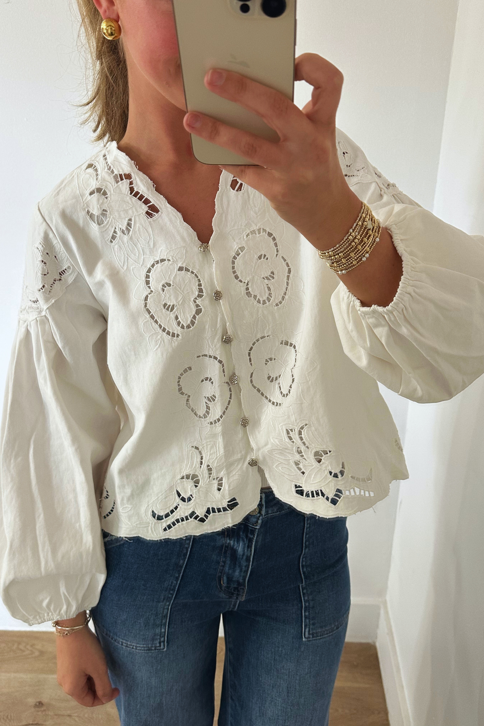 Denim Balloon Sleeve Top - White