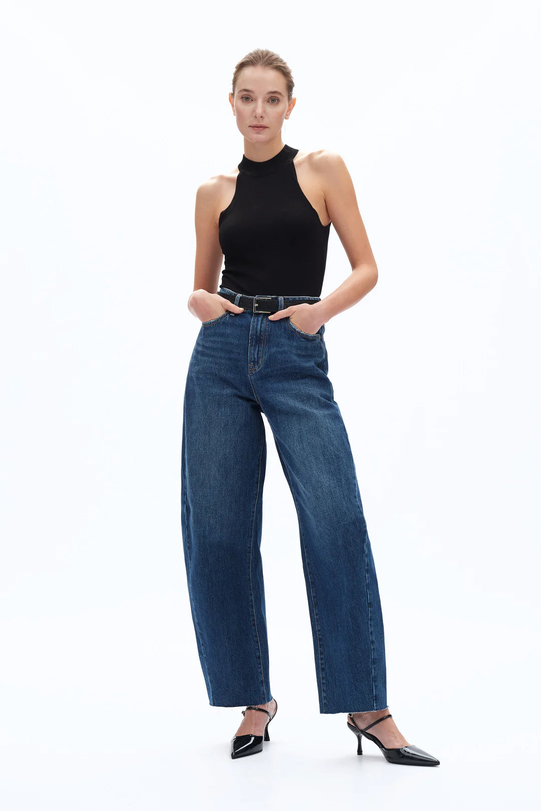 Super High Rise Barrel Denim Jeans - Dark Blue