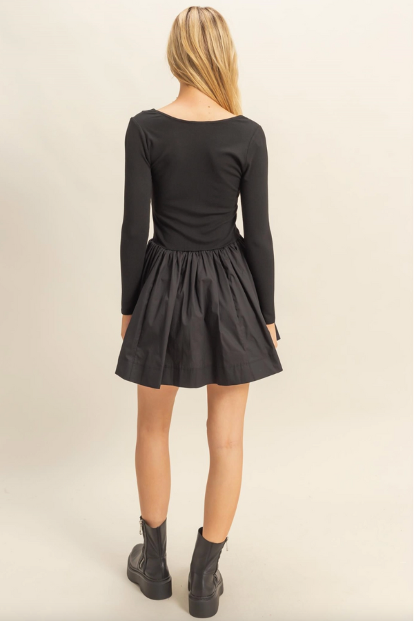 Mixed Media Scoop Neck Mini Dress - Black