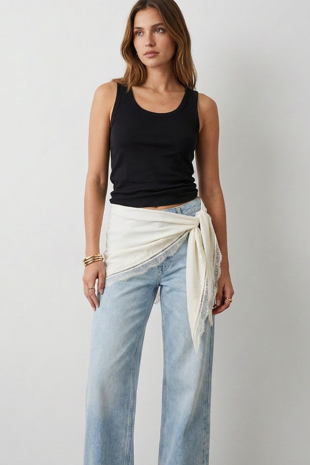 Lace Trim Knotted Scarf - Ivory
