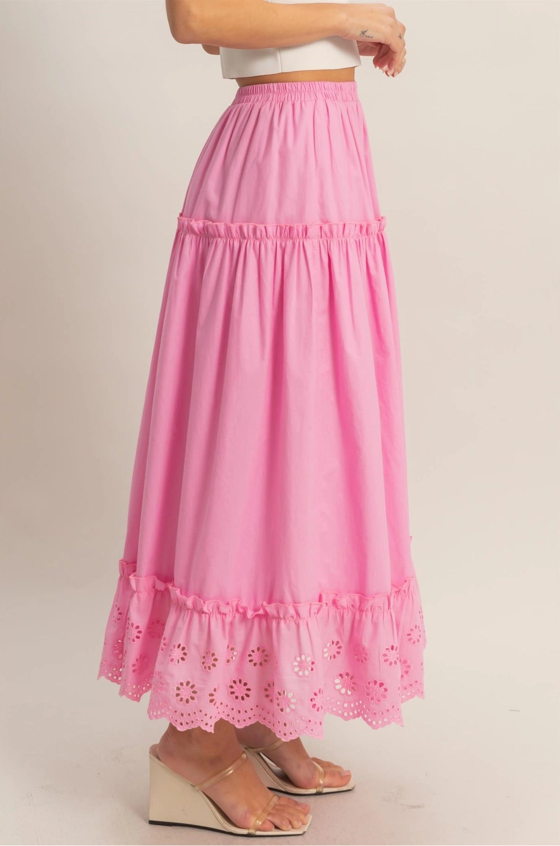 Tiered Eyelet Maxi Skirt - Pink