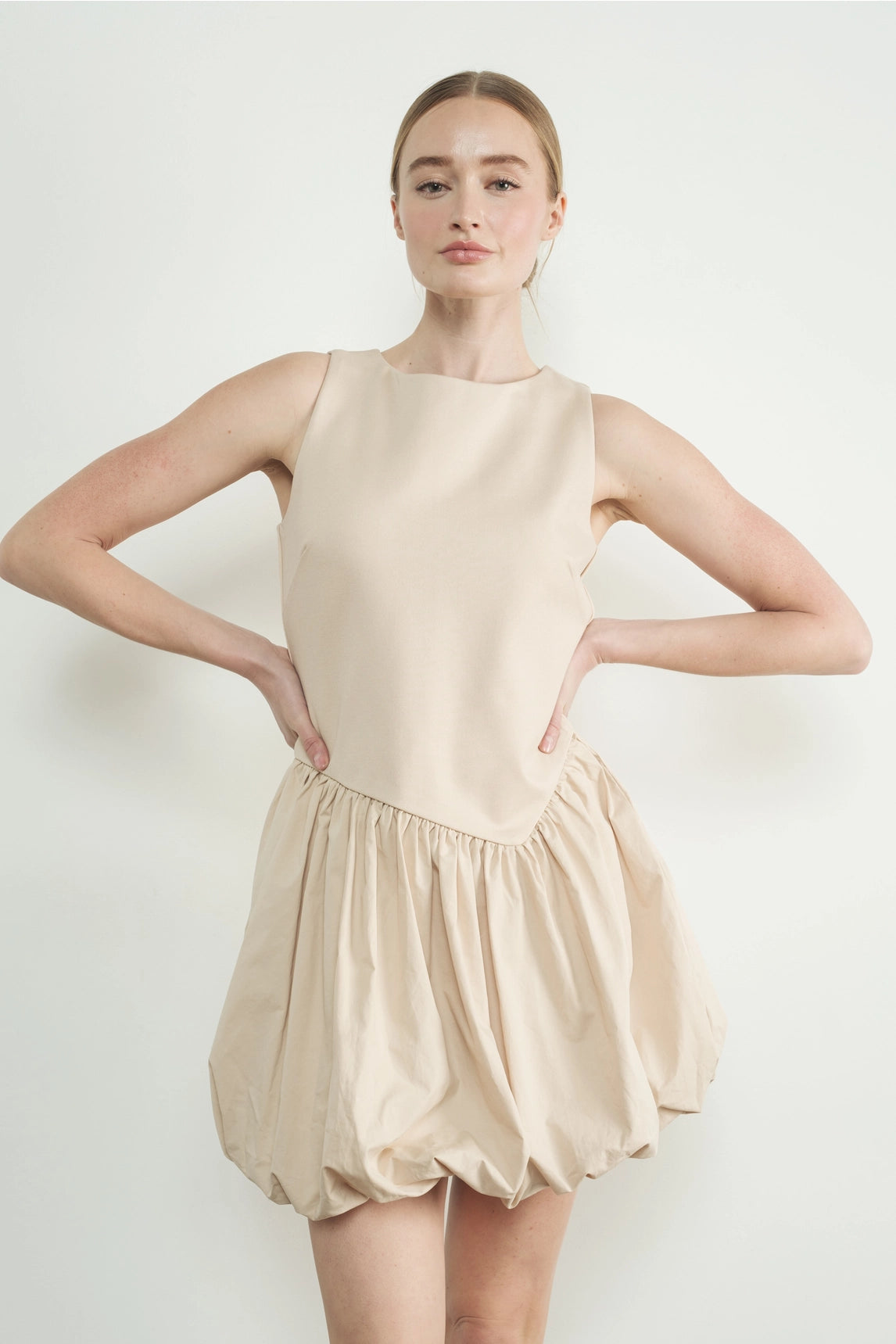 Asymmetrical Waist Bubble Dress - Taupe
