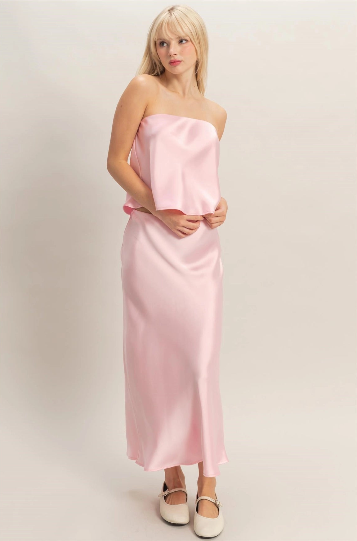 pink satin slip dress midi Satin Midi Skirt