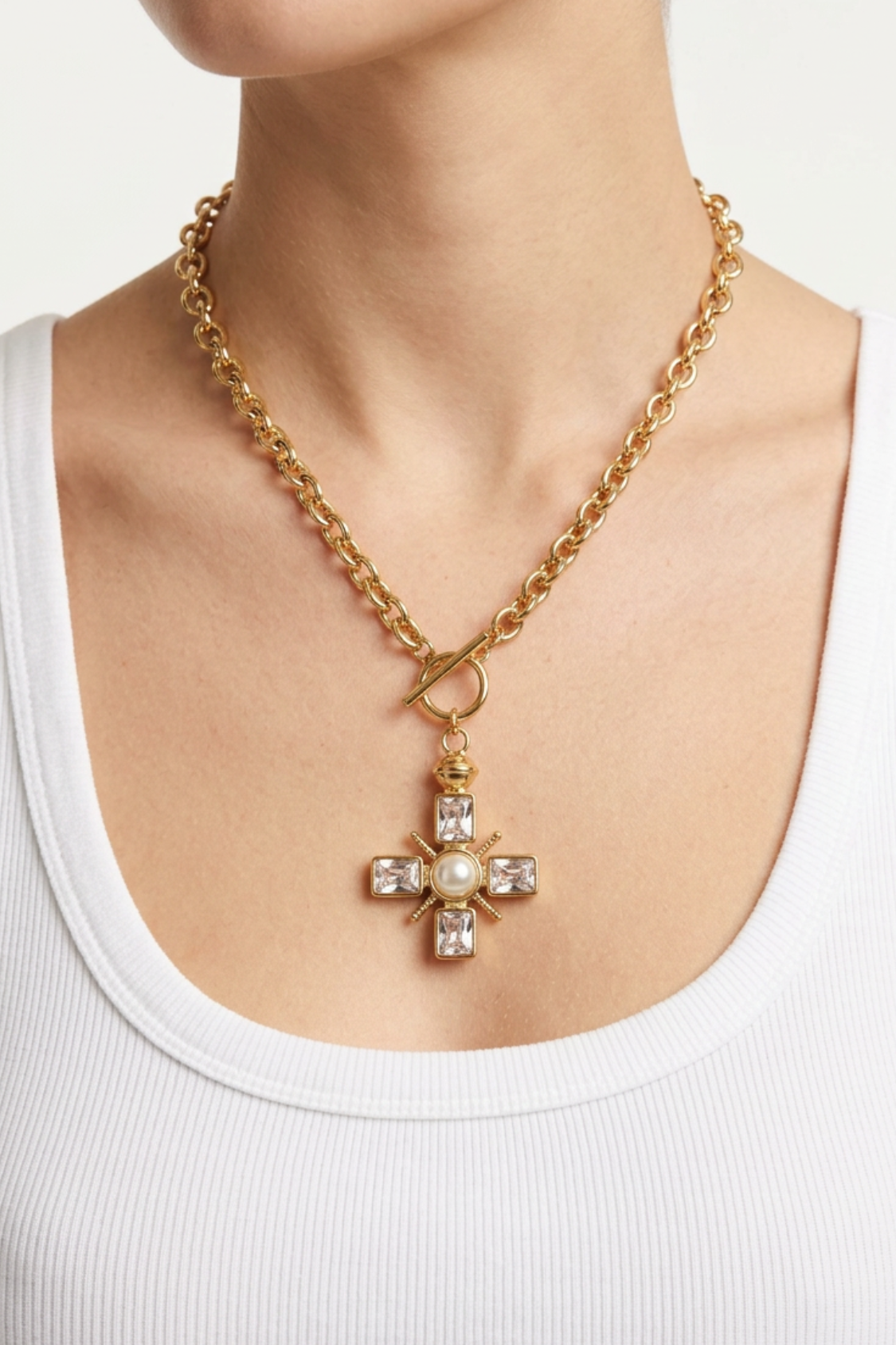 18K Rowan Pearl Cross Necklace