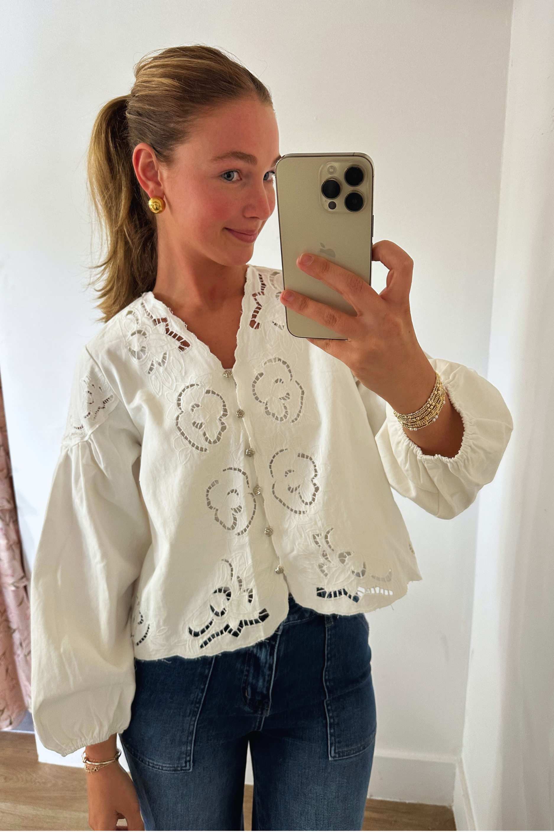 Denim Balloon Sleeve Top - White