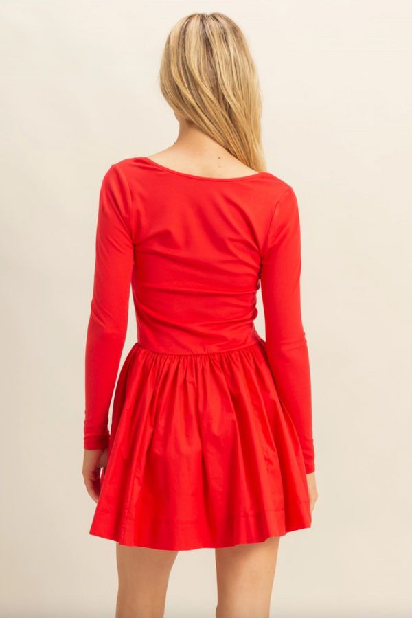 Mixed Media Scoop Neck Mini Dress - Red