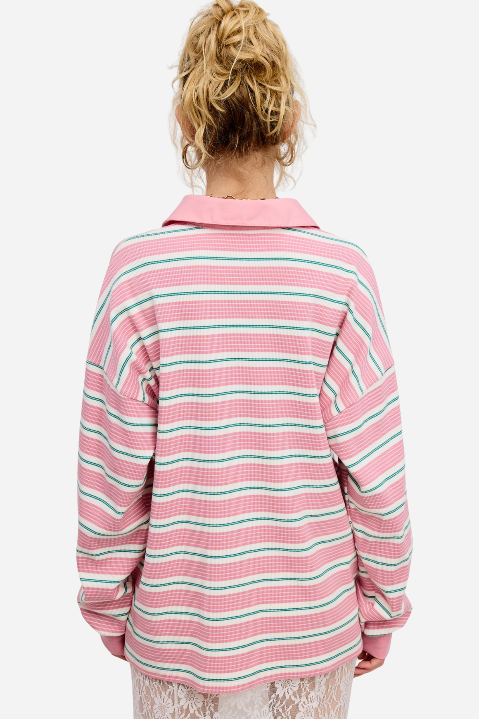 Stripe Oversized Polo Shirt - Pink