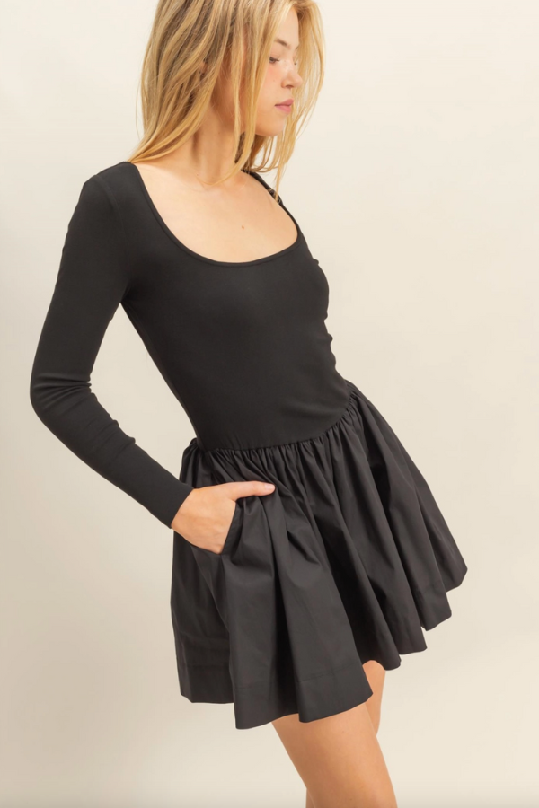 Mixed Media Scoop Neck Mini Dress - Black