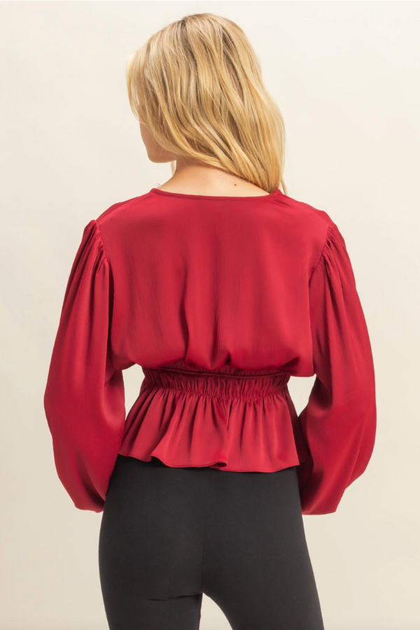 Deep V Peasant Blouse - Burgundy