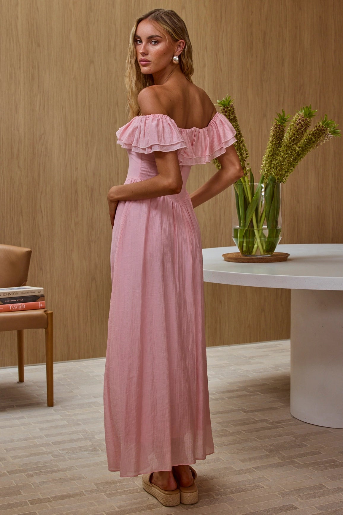 Off Shoulder Corset Maxi Dress - Pink