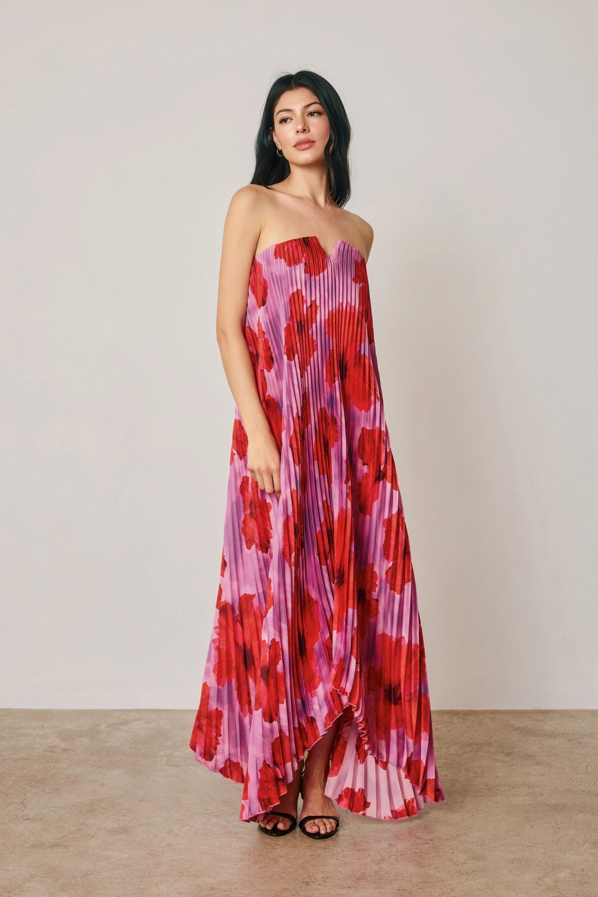 Tropical Floral Pleated Maxi Dress - Hibiscus Bloom