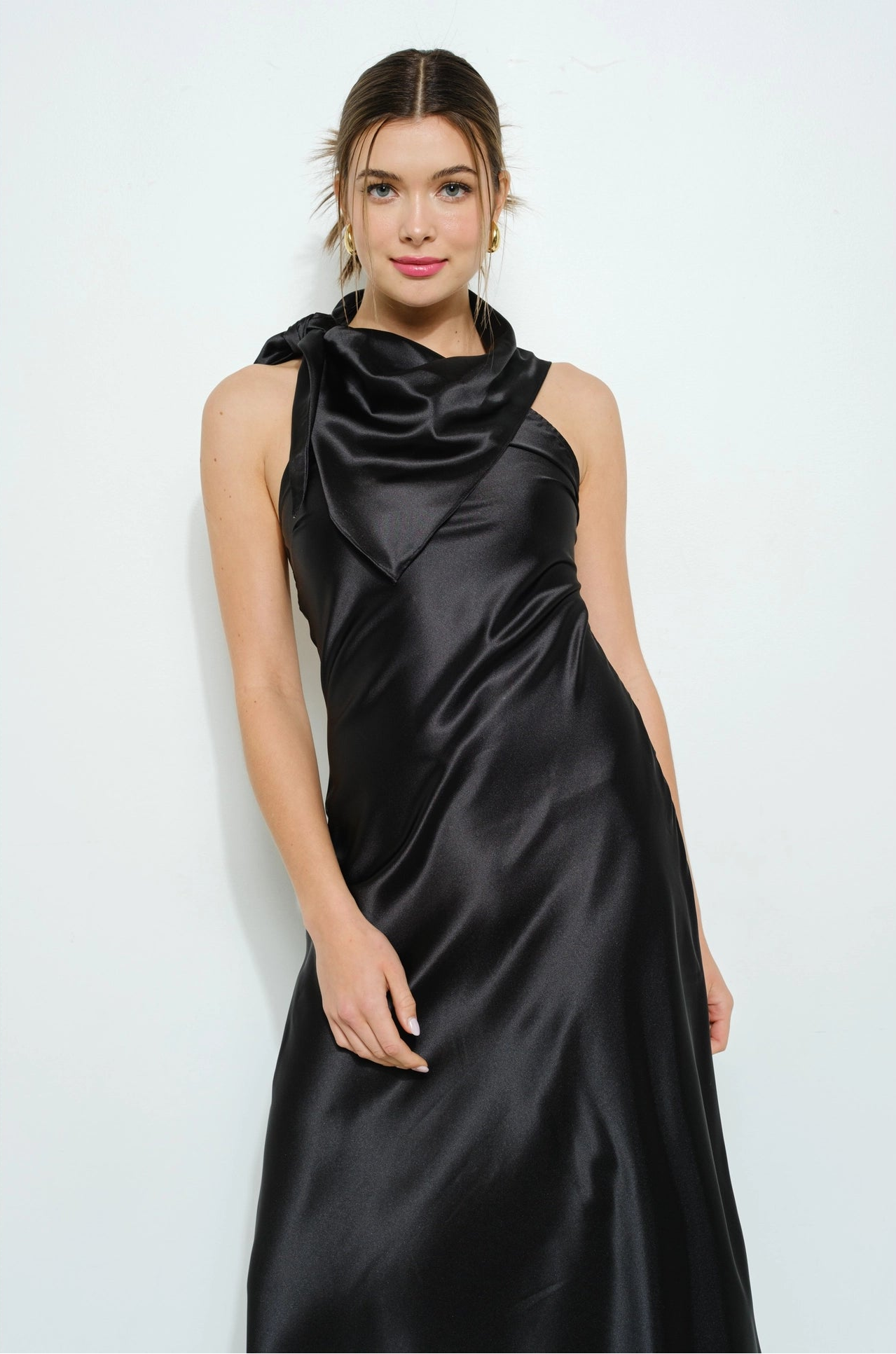 Satin Cowl Halter Neck Maxi Dress - Black