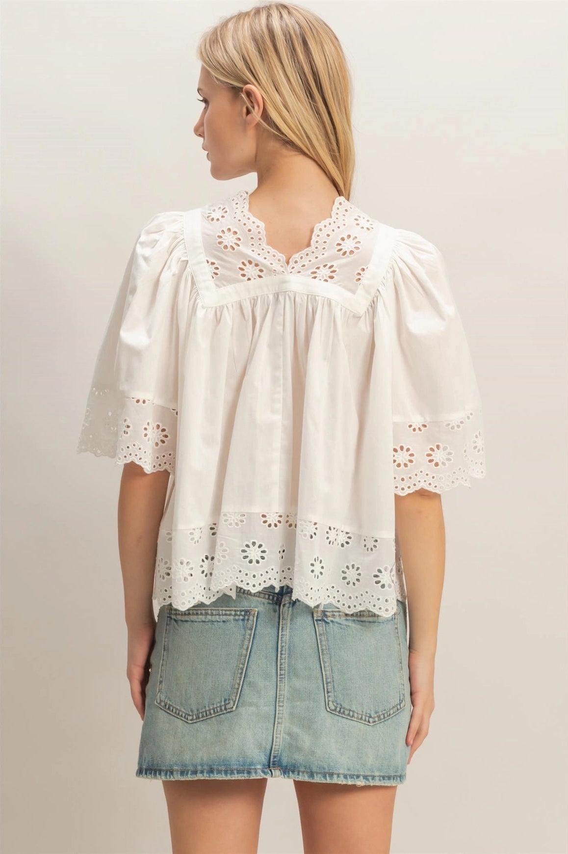 Scalloped Eyelet Babydoll Top - White