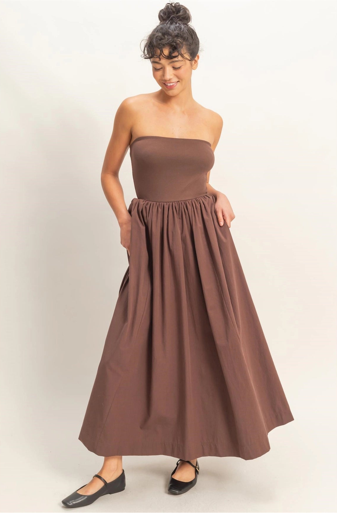 Strapless Flowy Midi Dress - Chocolate L