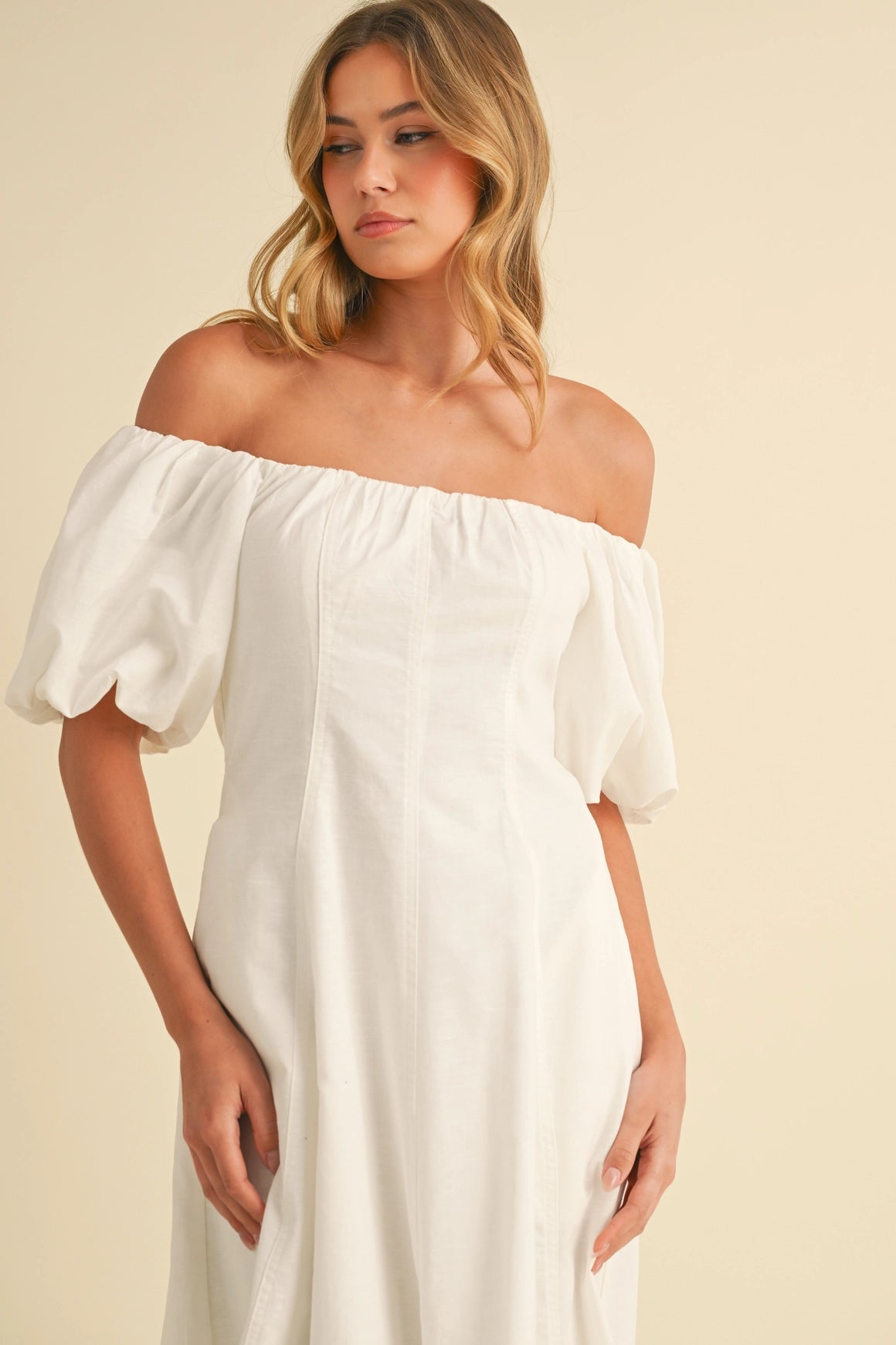 Off Shoulder A-Line Midi Dress - White