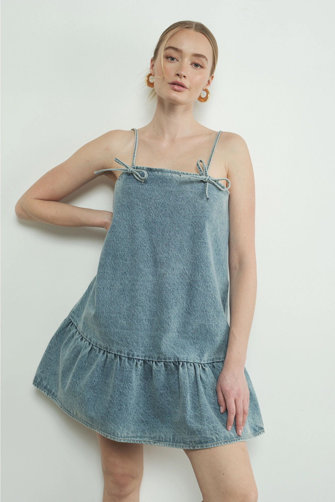 Ribbon Tied Denim Mini Dress