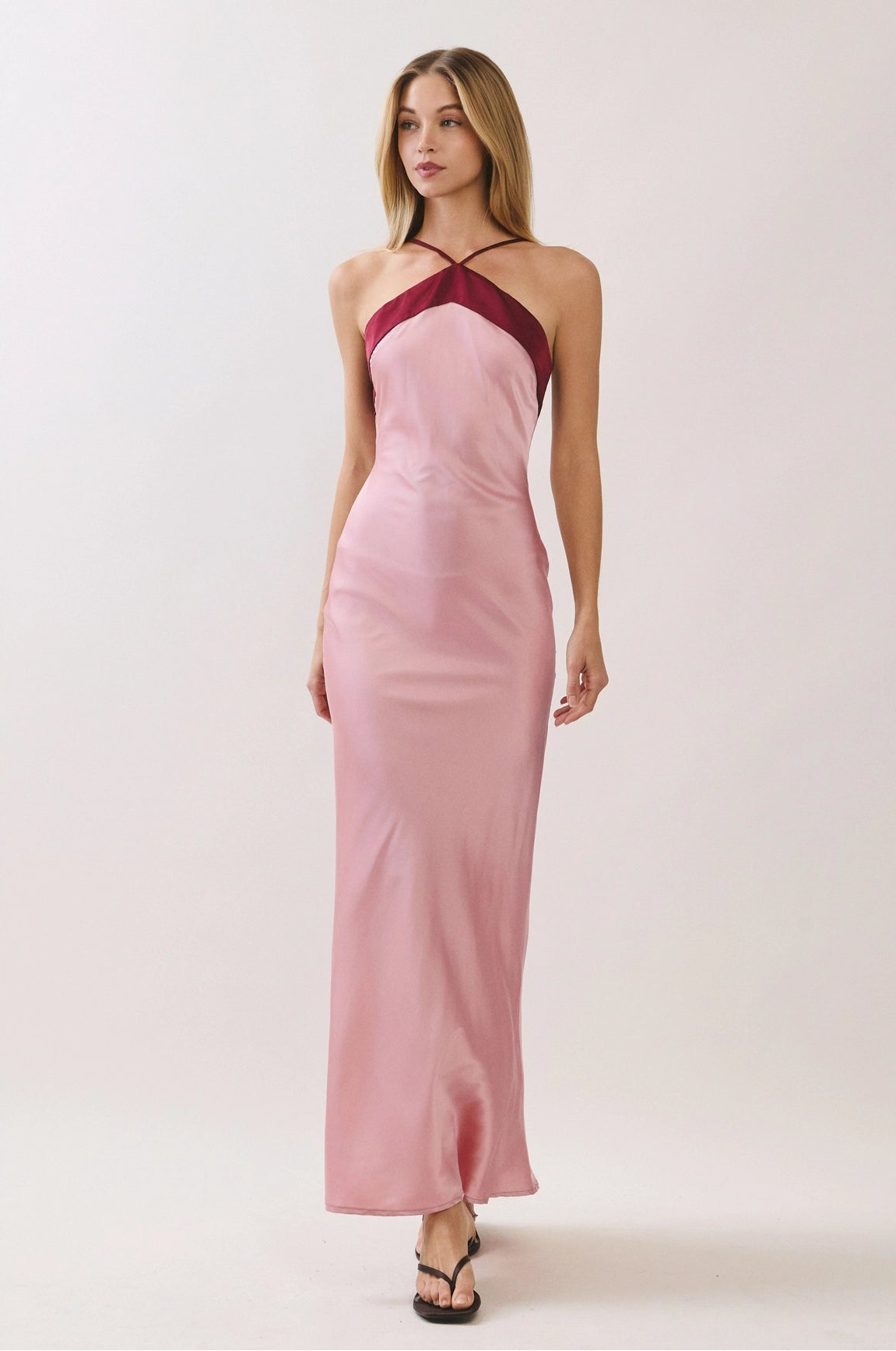 pink satin halter dress Jasmine Maxi Dress, in Light Luxe Satin, Size: XS | Show Me Your Mumu Hidden side zipper/clasp Satin Halter Evening With Open A pop of