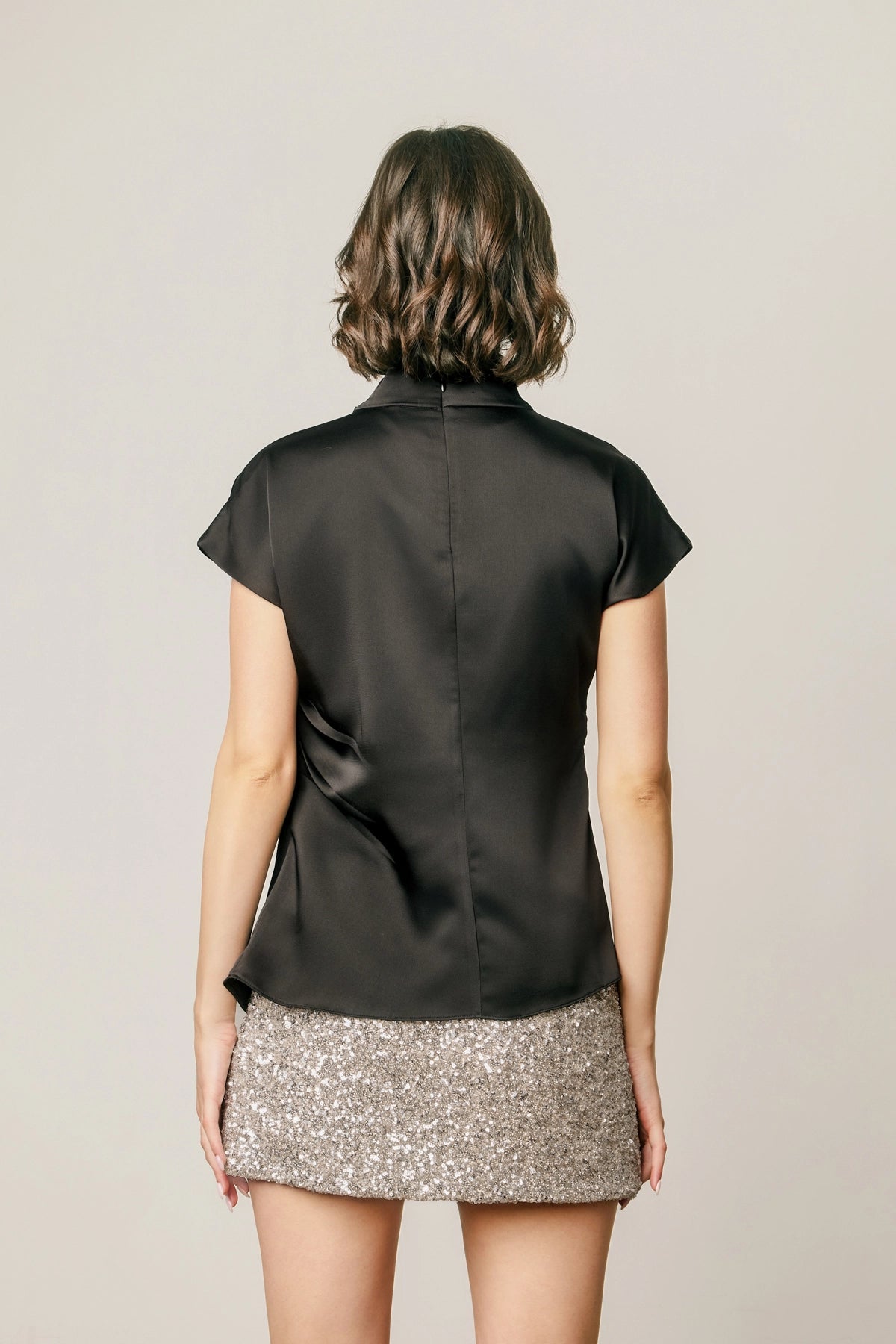 Draped Satin Mock Neck Blouse - Black