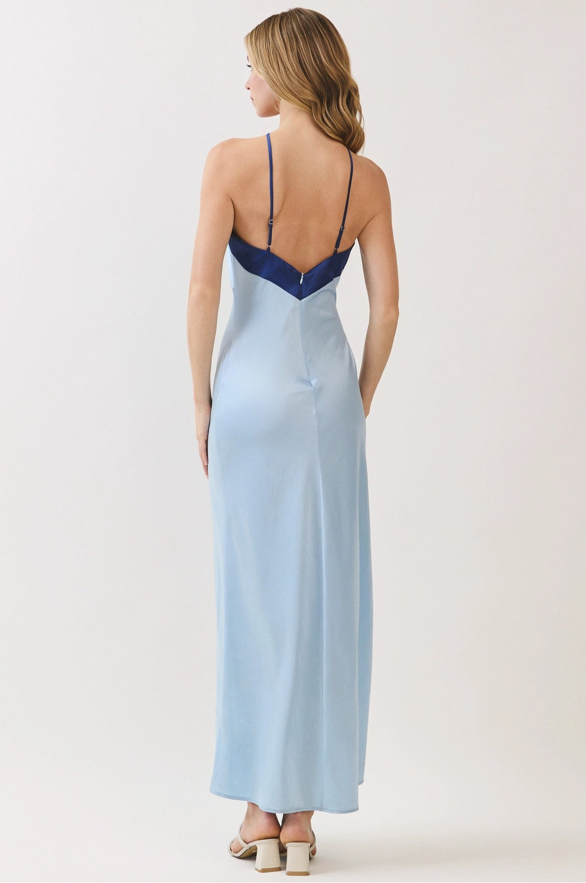 Colorblock Satin Halter Maxi Dress - Blue