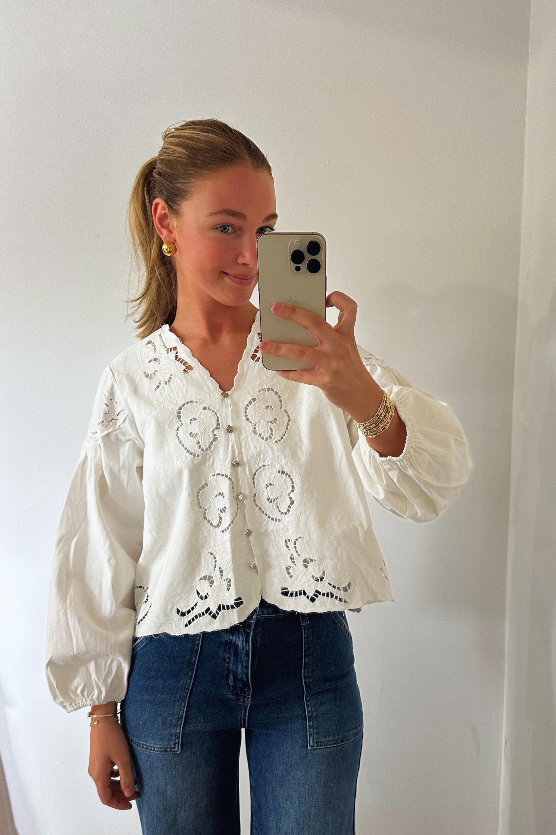 Denim Balloon Sleeve Top - White