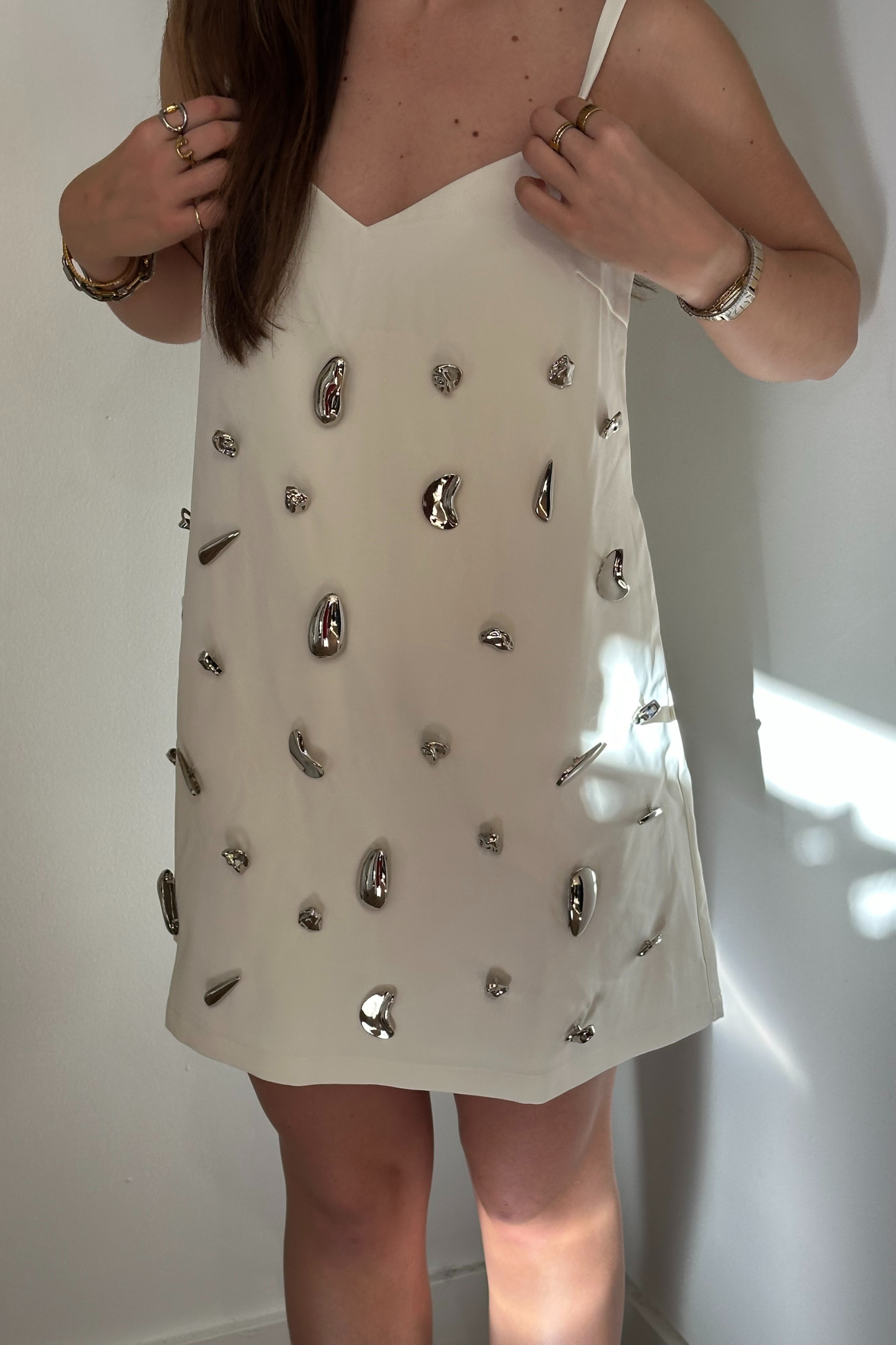 Metallic Embellished Mini Dress - White Metallic Embellished Mini Dress - White