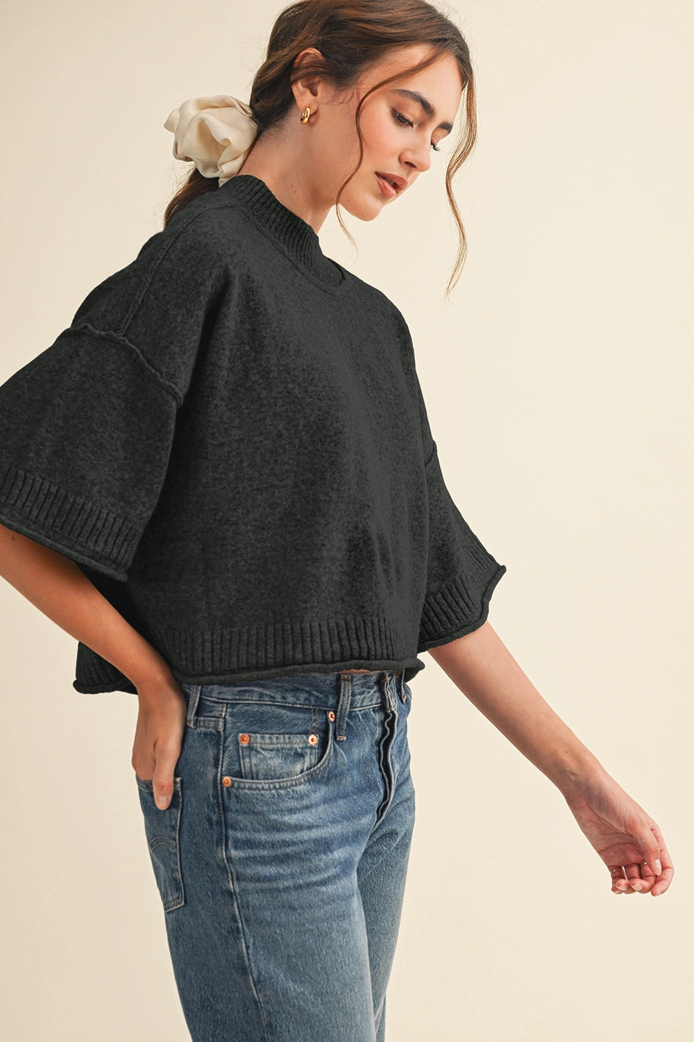 Cropped Knit Short Sleeve Sweater - Black