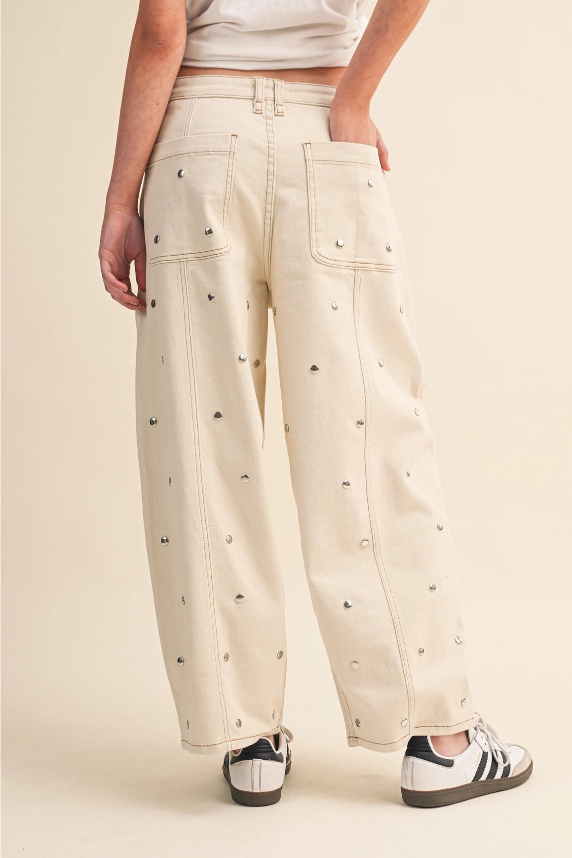 Studded Barrel Jeans - Cream