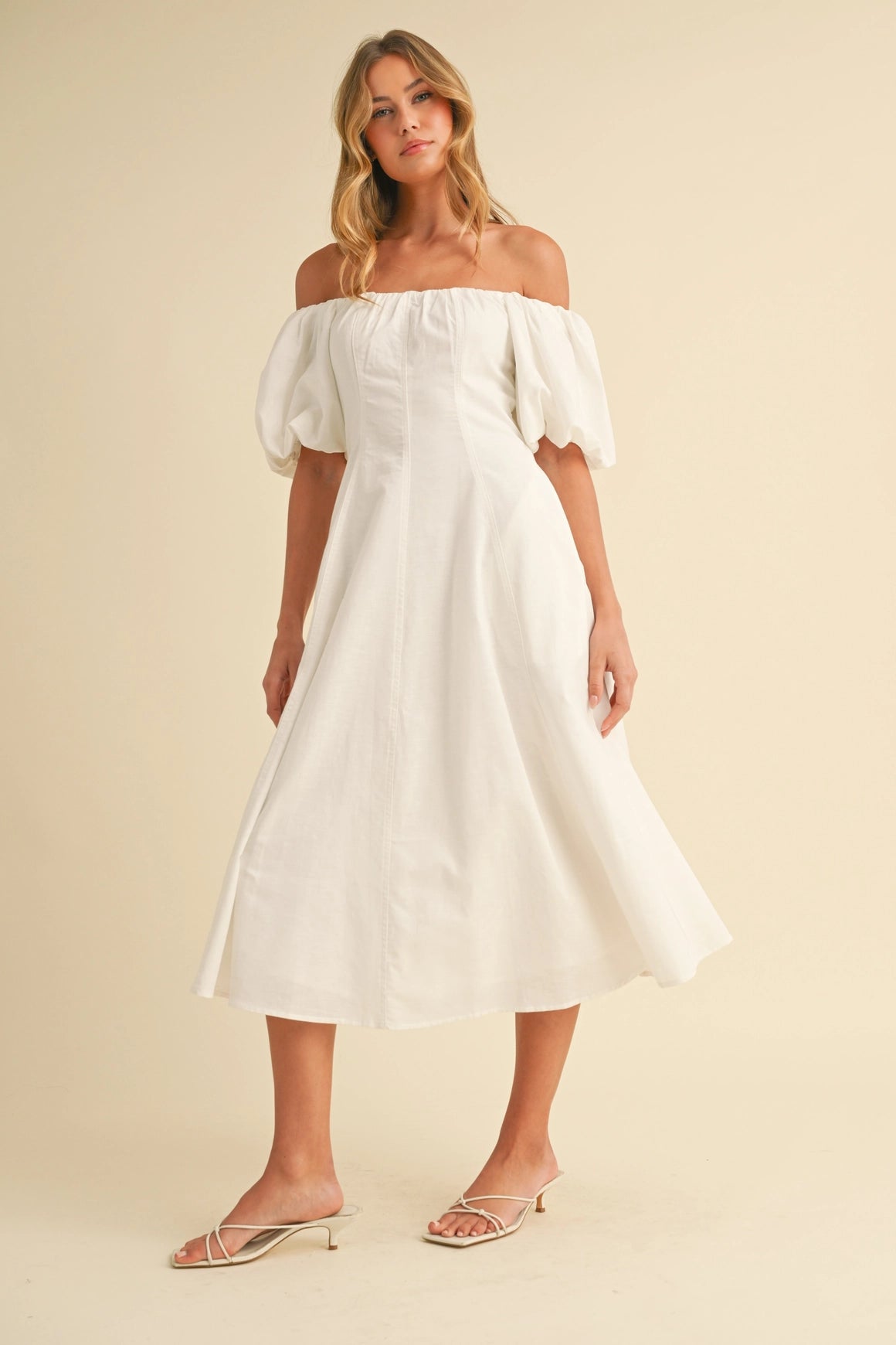 Off Shoulder A-Line Midi Dress - White